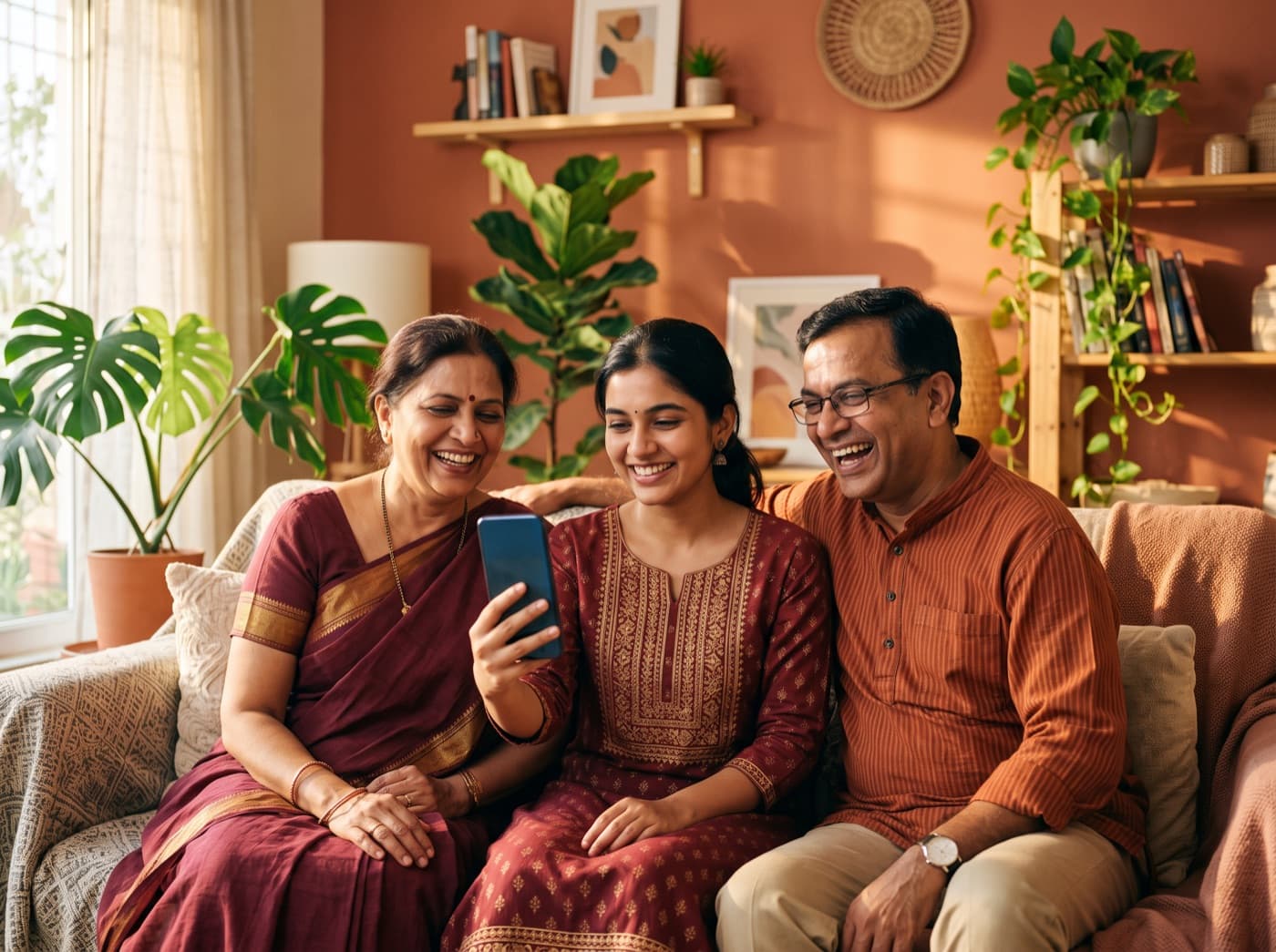 A mother, father and daughter sitting together, smiling at a video call on a phone in a warm living room.