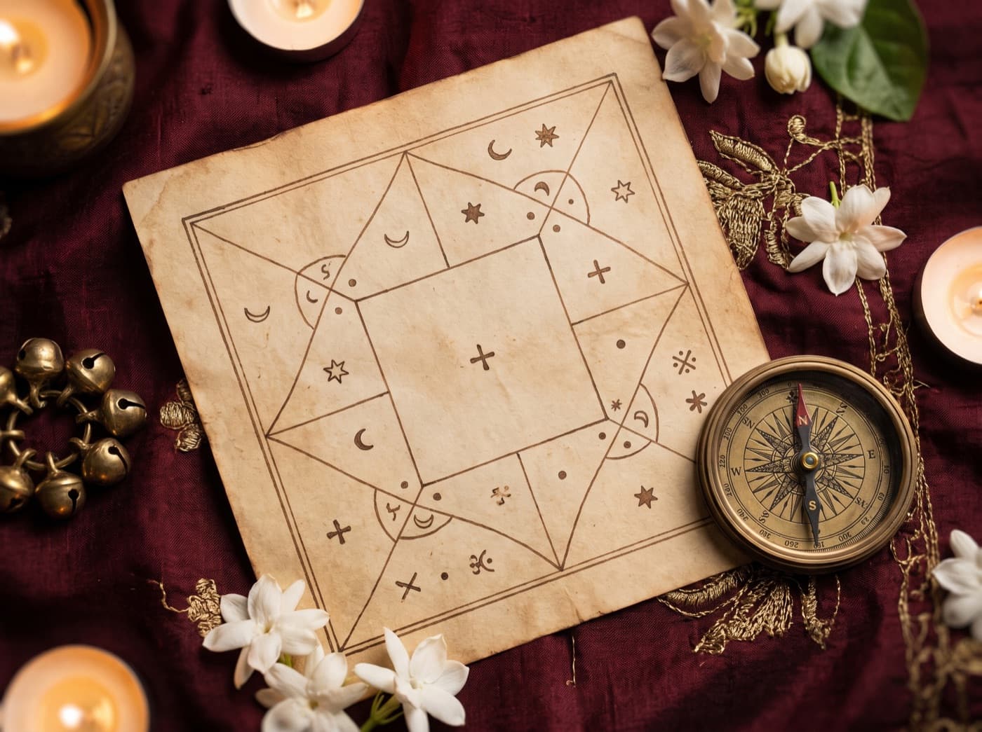 A handwritten horoscope grid chart on parchment with a brass compass, jasmine buds and candles on maroon silk.