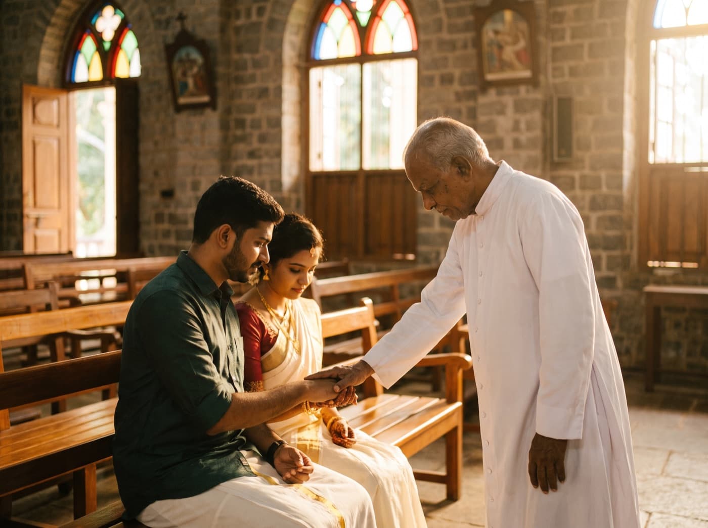An elderly pastor blessing a young couple's joined hands inside a sunlit Kerala church.