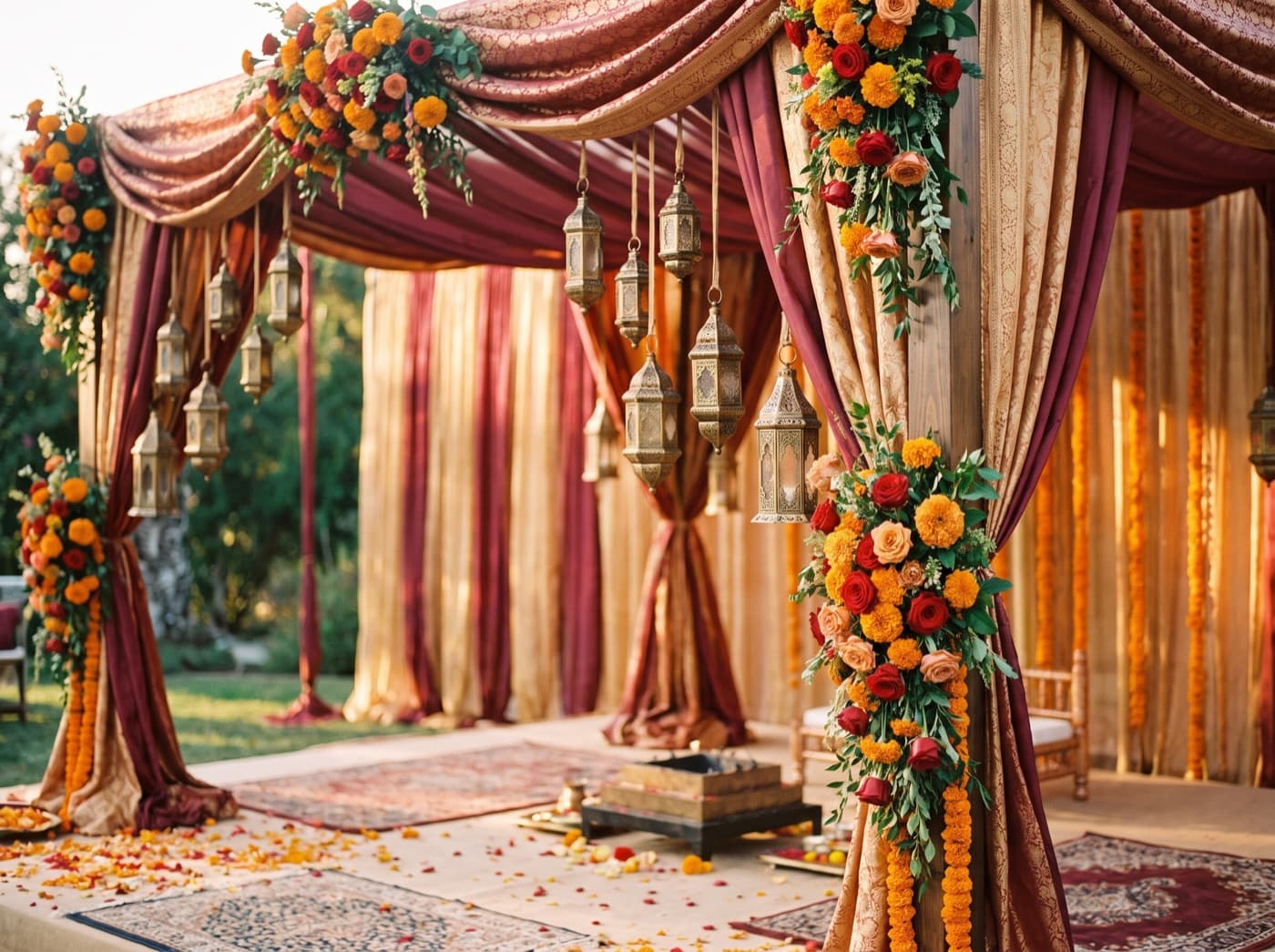 An elegant wedding mandap dressed with marigold garlands, brass lanterns and maroon and gold silk.