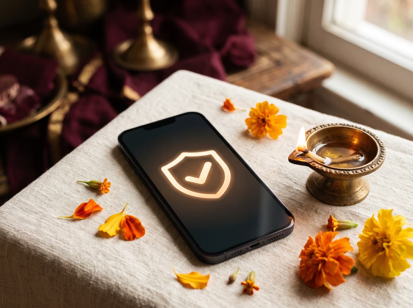 A phone screen showing a glowing verification shield, beside a lit brass diya and marigold flowers on cream linen.