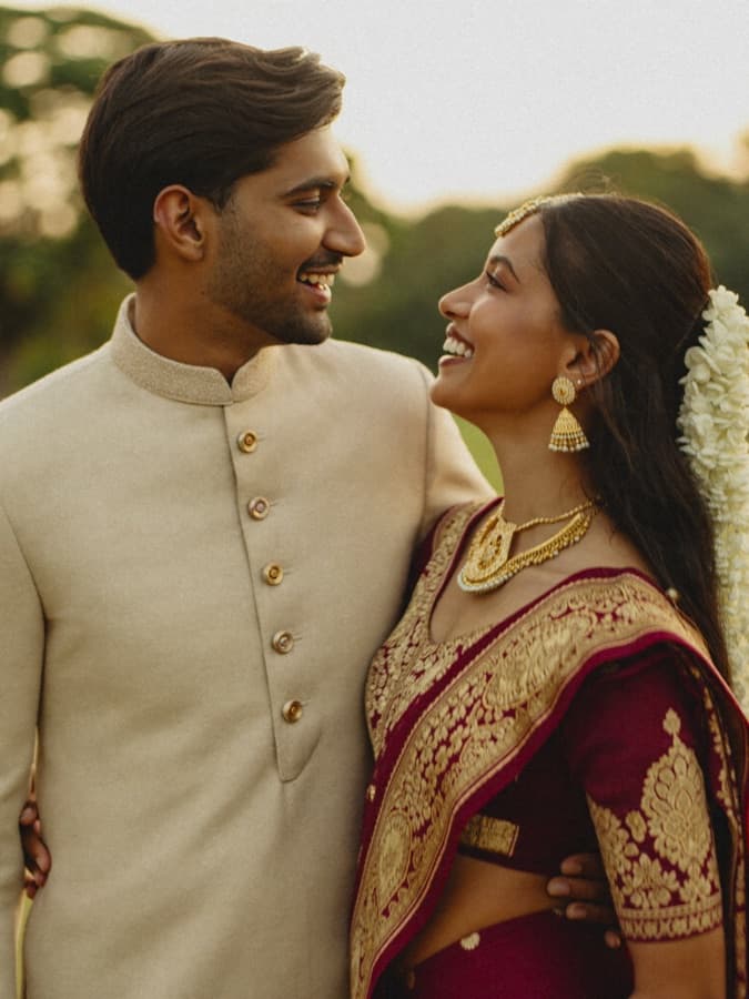 A smiling couple in traditional Indian wedding attire, photographed in warm daylight