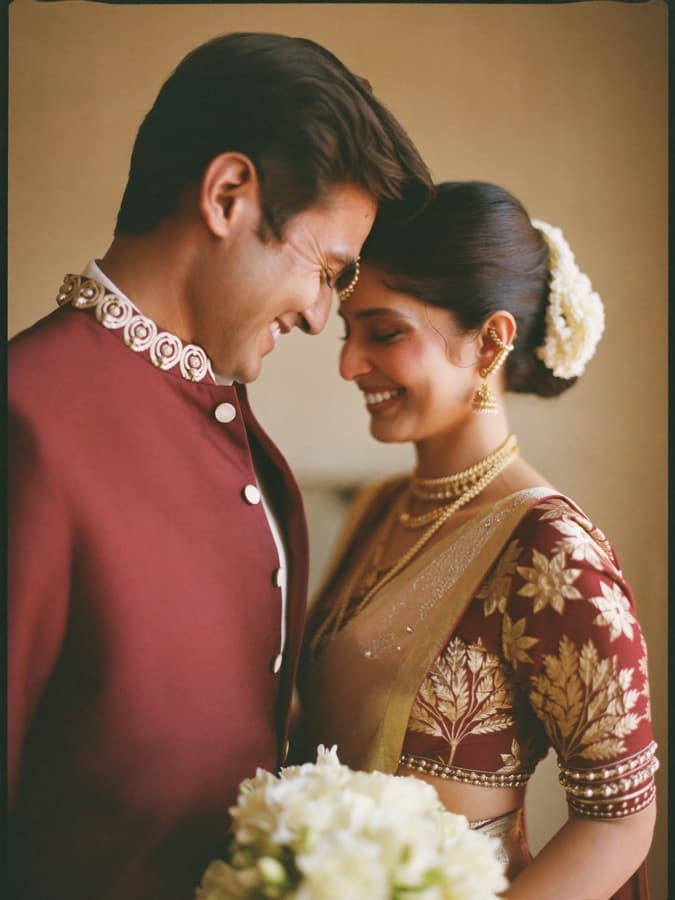 A couple in festive silk and gold jewellery standing close together, smiling